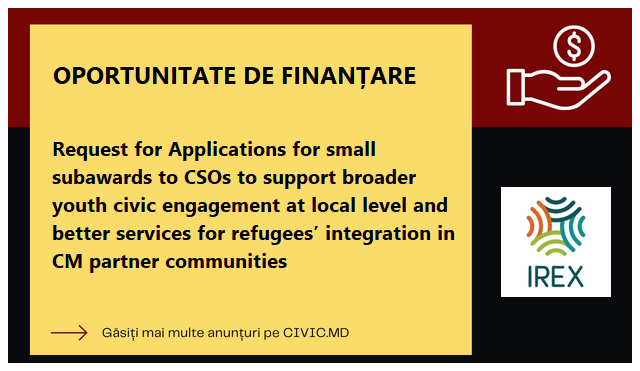Request for Applications for small subawards to CSOs to support broader youth civic engagement at local level and better services for refugees’ integration in CM partner communities